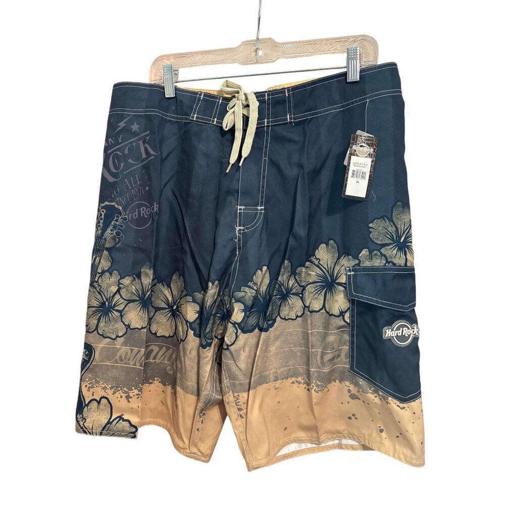 NEW Men's Hard Rock Boardshorts Size 34 Hibiscus & Guitars - TAN